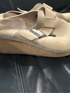 Papillio Suede Clog Mules in Taupe Brown with Adjustable Buckle